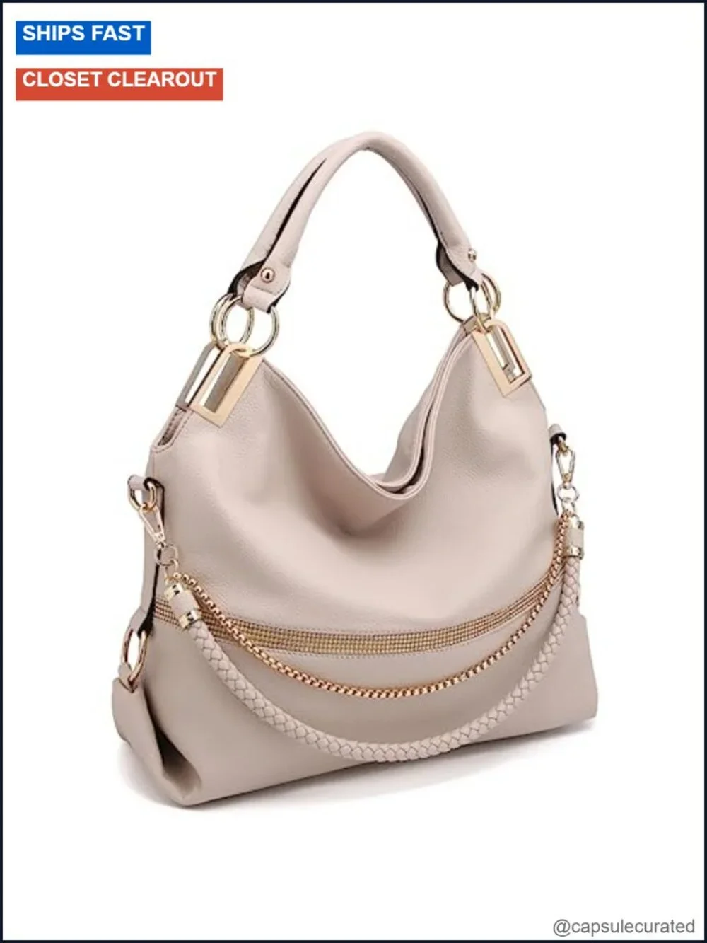 Vegan Leather Hobo Bag with Rhinestone Accents Tote Shoulder Handbag